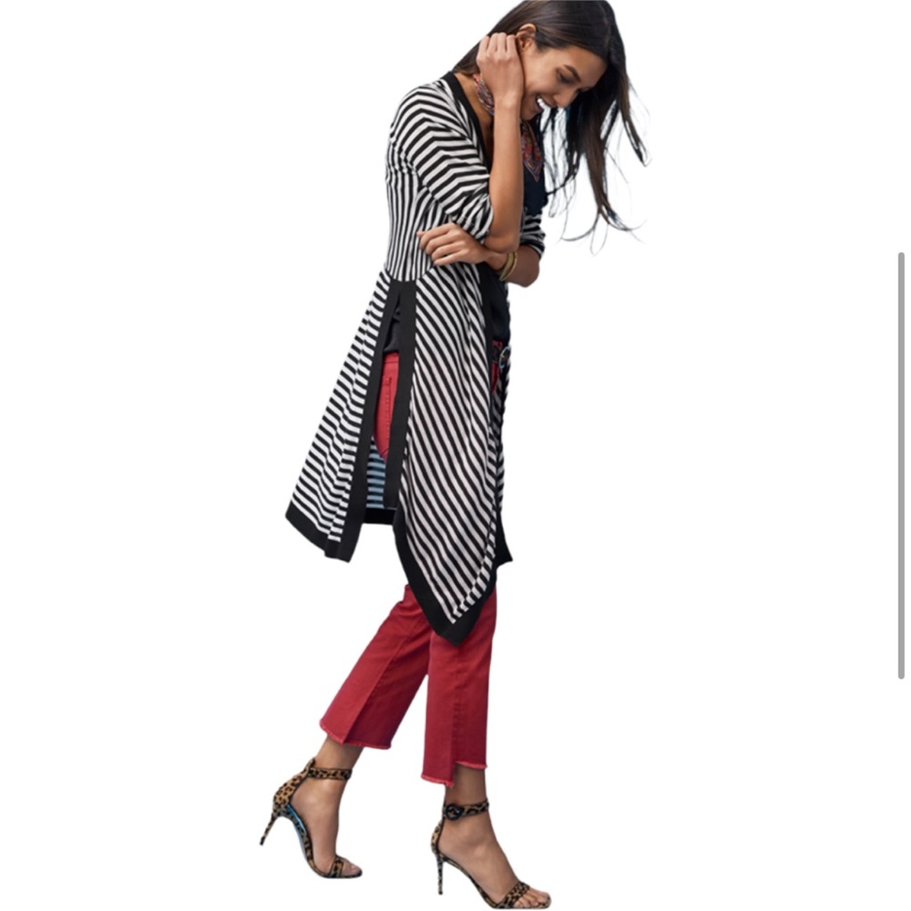 CAbi Stride Black & White Striped Long Cardigan, Size XS